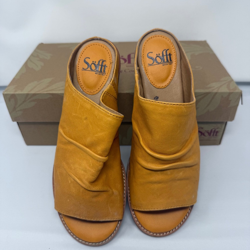 Sofft Netta Mimosa Yellow Leather Ruched Slide Sandals SF0048207 Womens 7.5